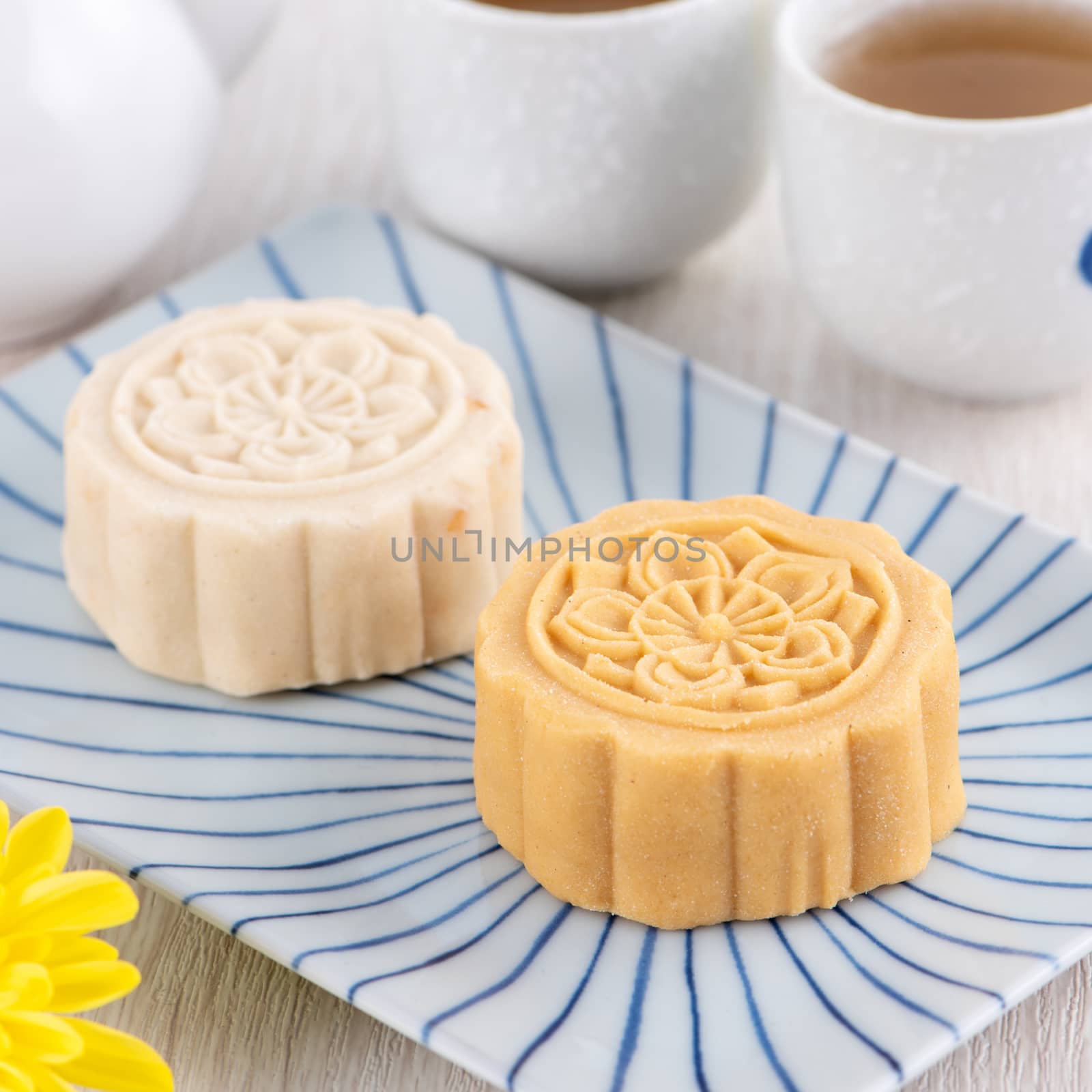 Colorful beautiful moon cake, mung bean cake, Champion Scholar Pastry cake for Mid-Autumn festival traditional gourmet dessert snack, close up.
