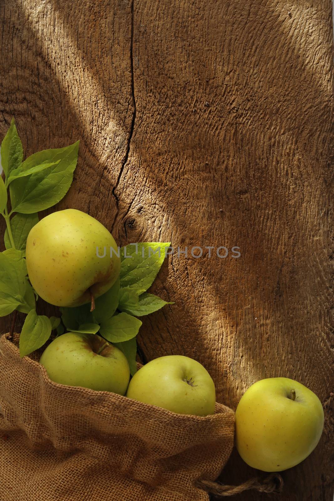 Autumn rustic harvest border with morning light. Green apples and leaves in canvas bag on old antique wooden table. Thanksgiving concept