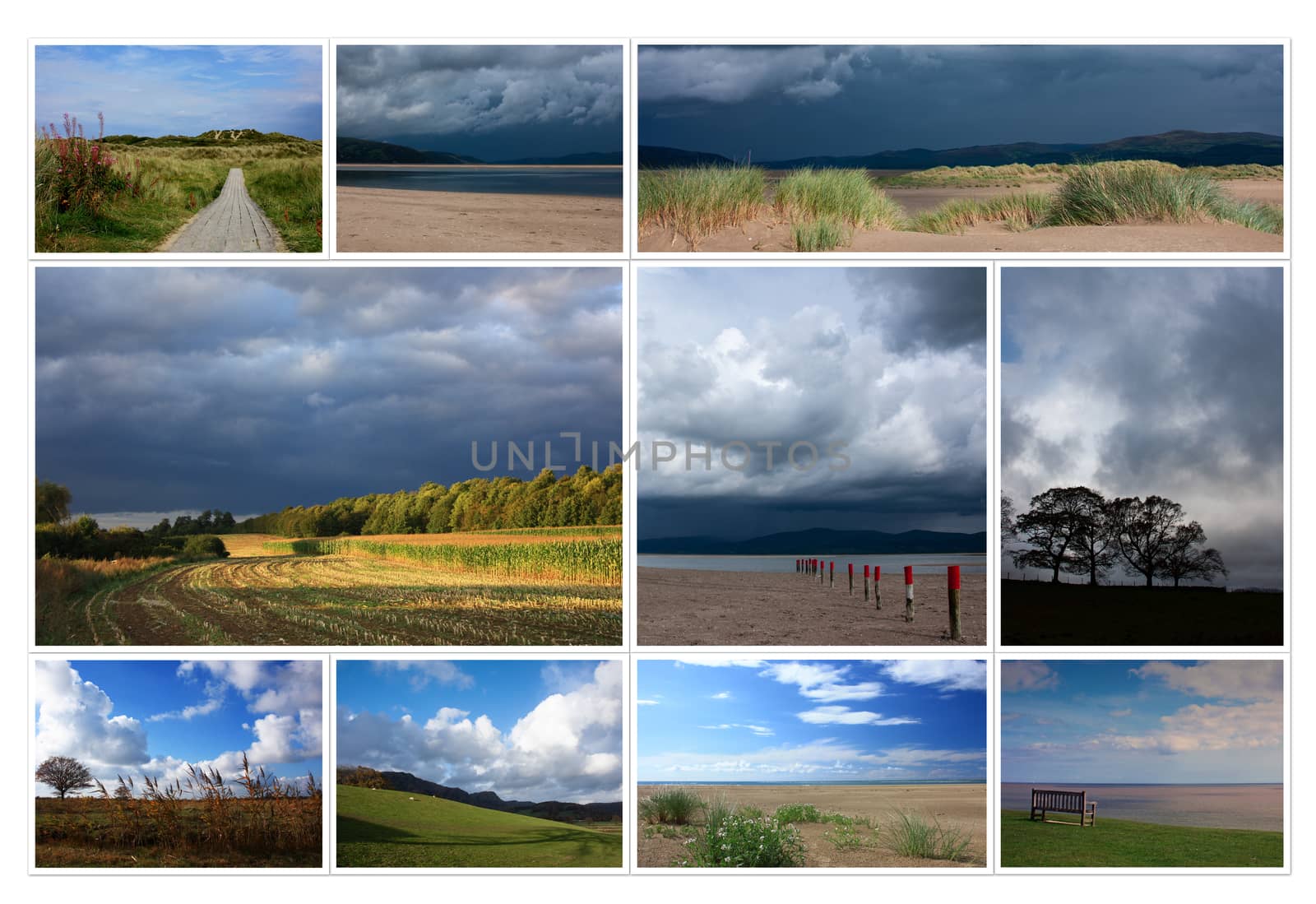 Beautiful collage of different sunny summer autumn pictures of British landscapes. Fields, trees, sea, hillside, forest, dramatic blue cloudy sky and light while weather changing.