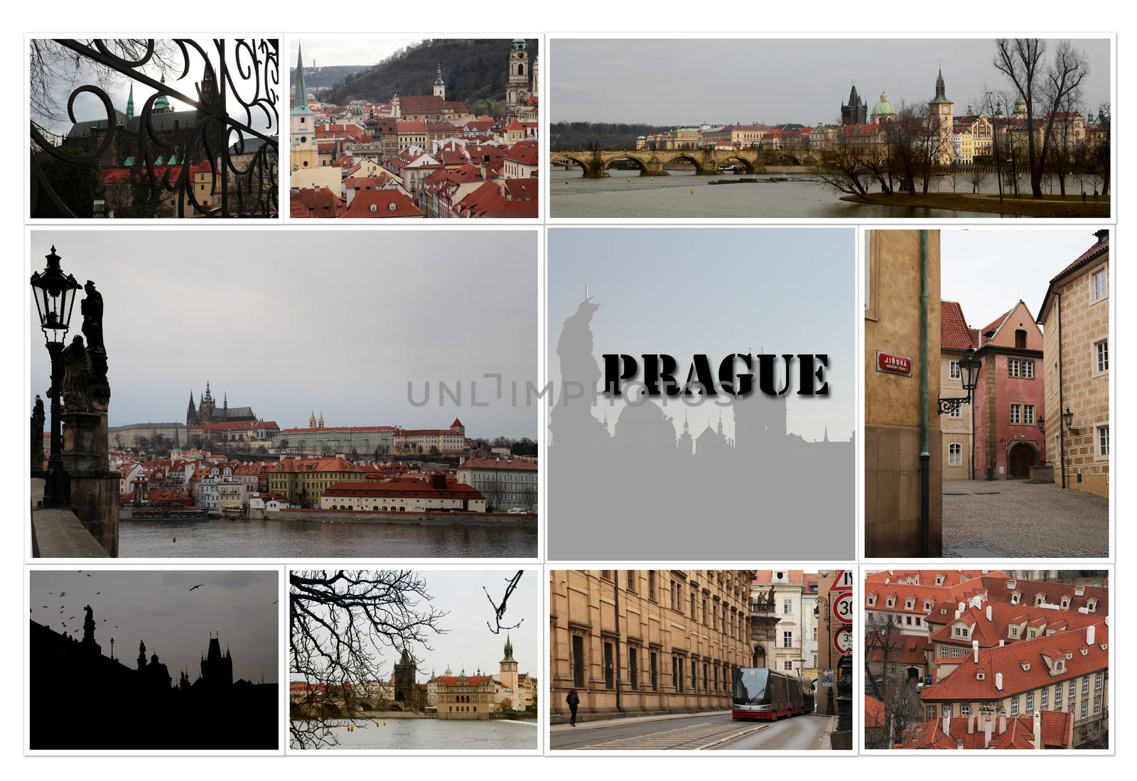 Photo Collage of famous attractions of Prague, world heritage sites. Historic places of capital of Czech Republic, cultural center of Europe. Gothic, Renaissance and Baroque eras.