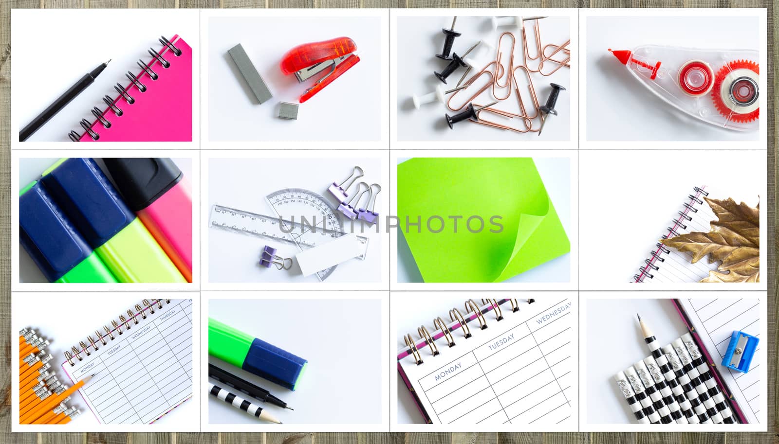 Collage of diferent photos of school supplies, stationery on white background. Back to schoool, college.