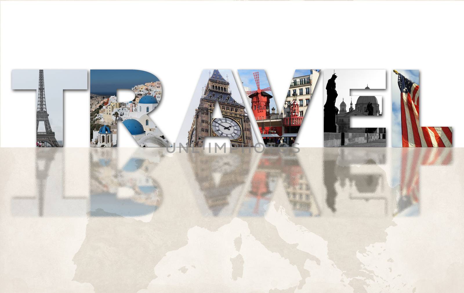 Word Travel of photo collage of famous places in the world - Paris, Santorini, London, Prague, American flag on white background with reflection on the icon of sepia map of Europe. Advertisement, postcard, poster.