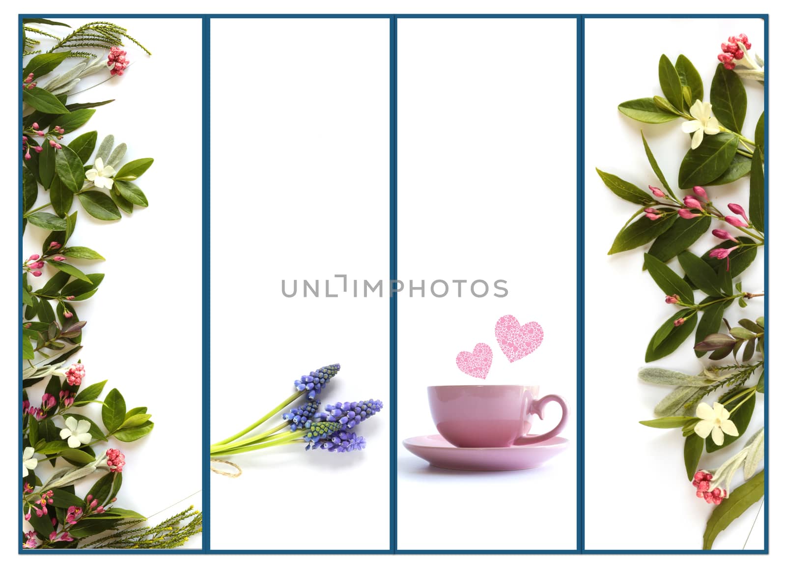 Collage of beautiful photos of summer flowers and cup of tea with pink hearts on white background. Flat lay. Greeting, Mothers day, Birthday, Valentines, invitation, celebration, anniversary card. Spring summer floral border with copy space