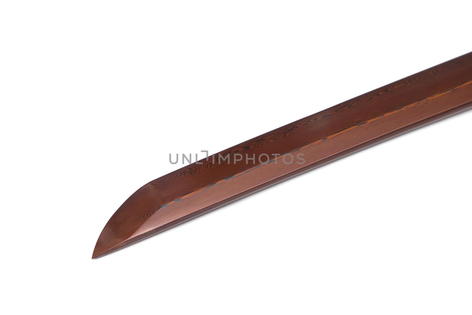 Tip of red folded steel blade of Japanese sword  (Chinese made) isolated in white background. by joker3753