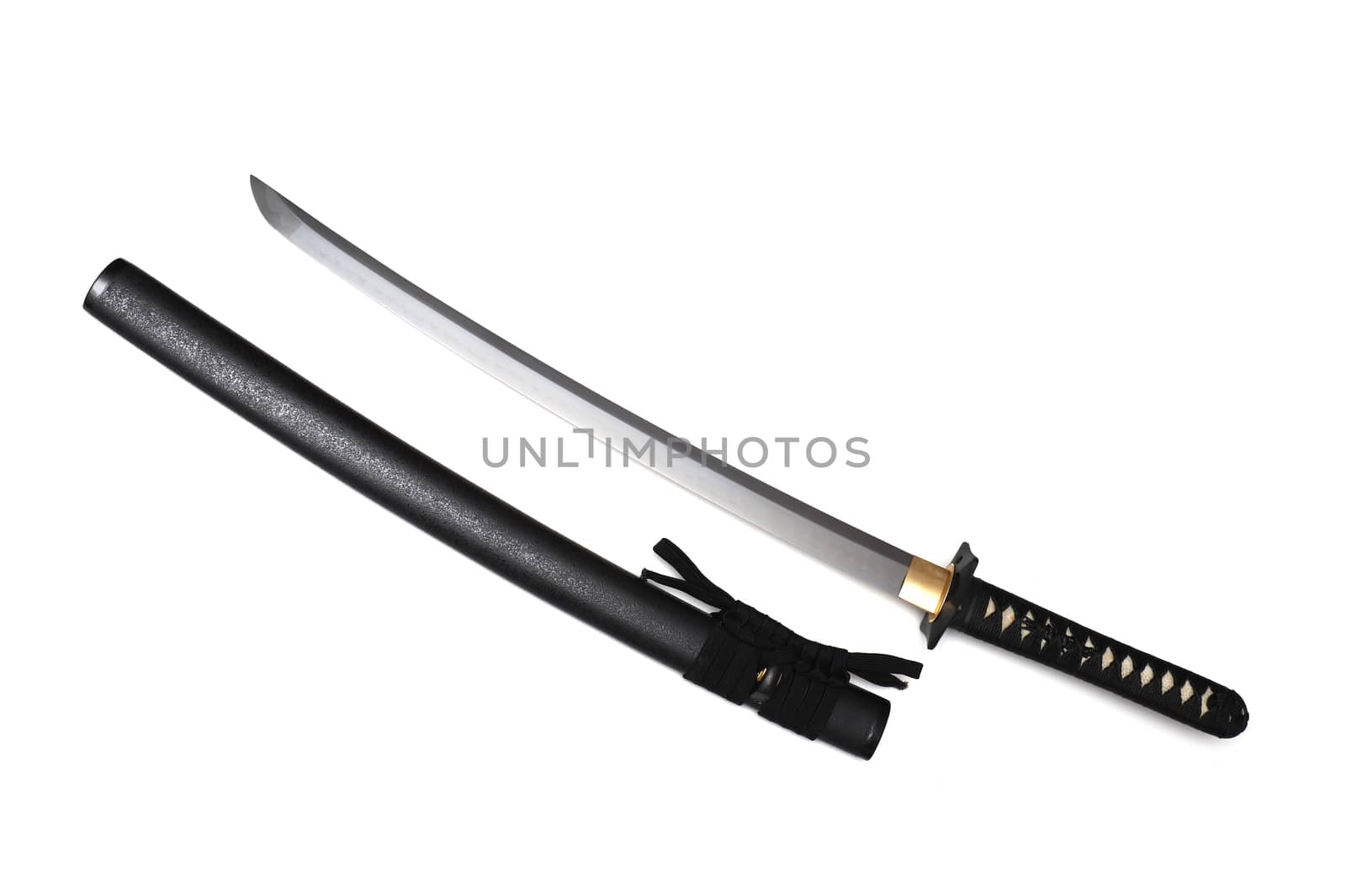 Japanese sword steel fitting and black  cord with black scabbard isolated in white background. by joker3753
