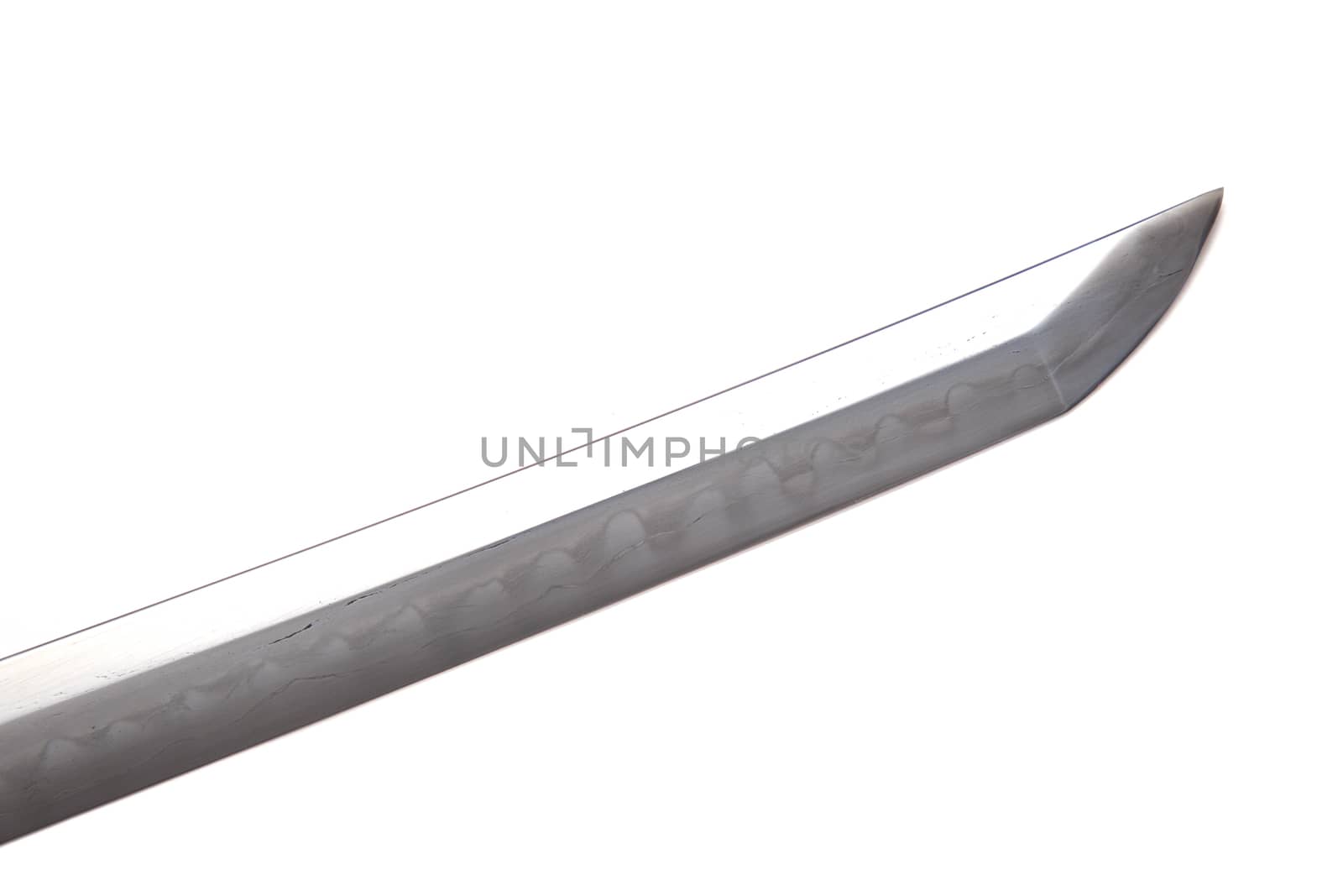 Japanese sword blade (made in China) on white background.  The blacksmith forged several folds until several layers were formed. Can be seen clearly on the surface. Soft focus.