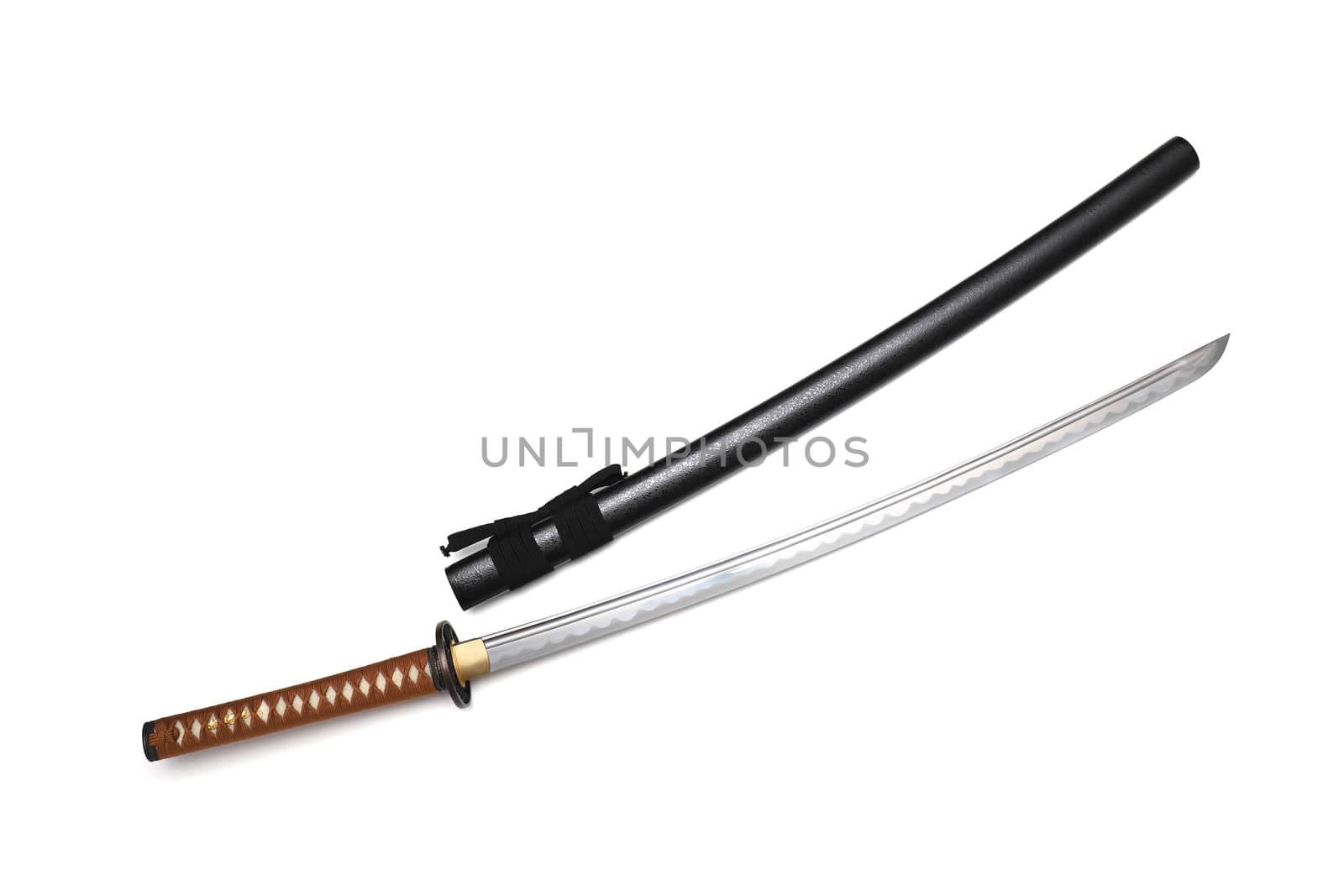 Japanese sword steel fitting and brown cord with black scabbard isolated in white background. Selective focus.