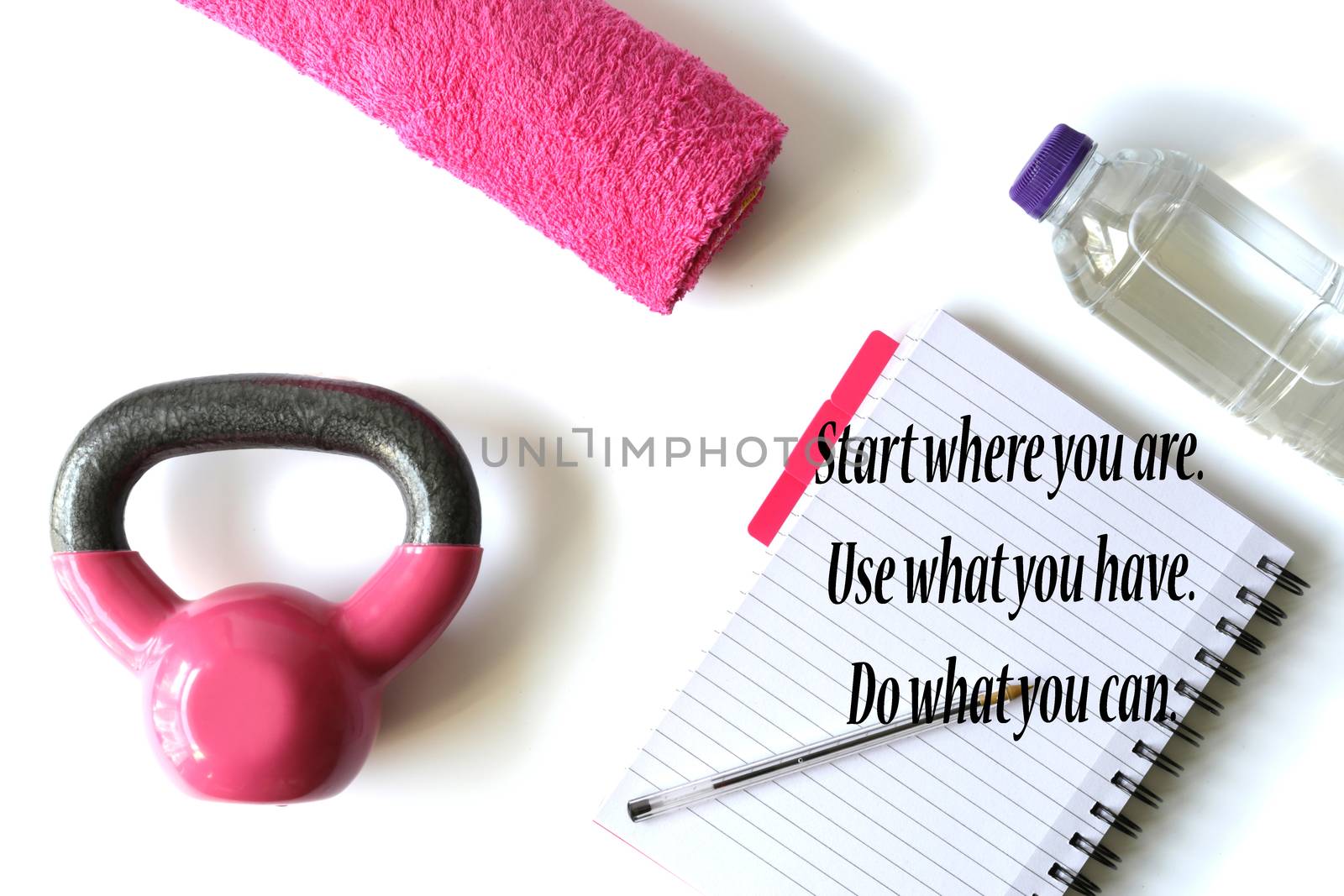 Healthy life style pink accessories on white background with sign Start where you are, Use what you have. Do what you can. Getting ready for weight loss. New Start fitness new year resolution