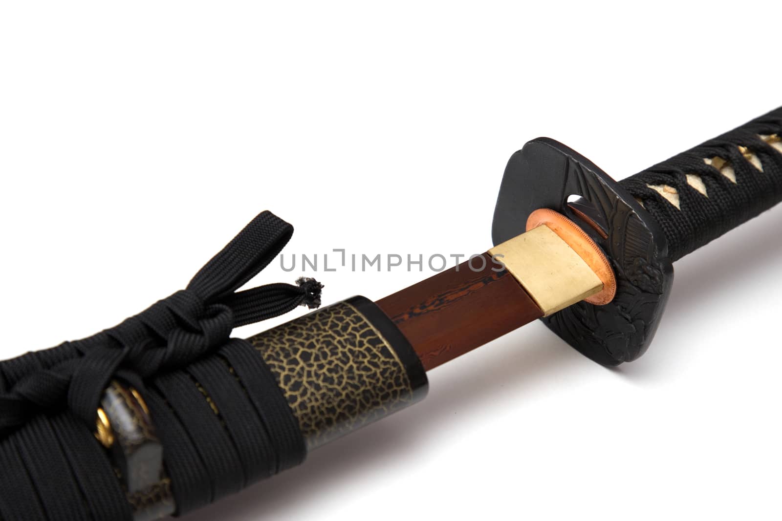 Red blade Japanese sword  black cord with  full textured scabbard  isolated in white background. by joker3753
