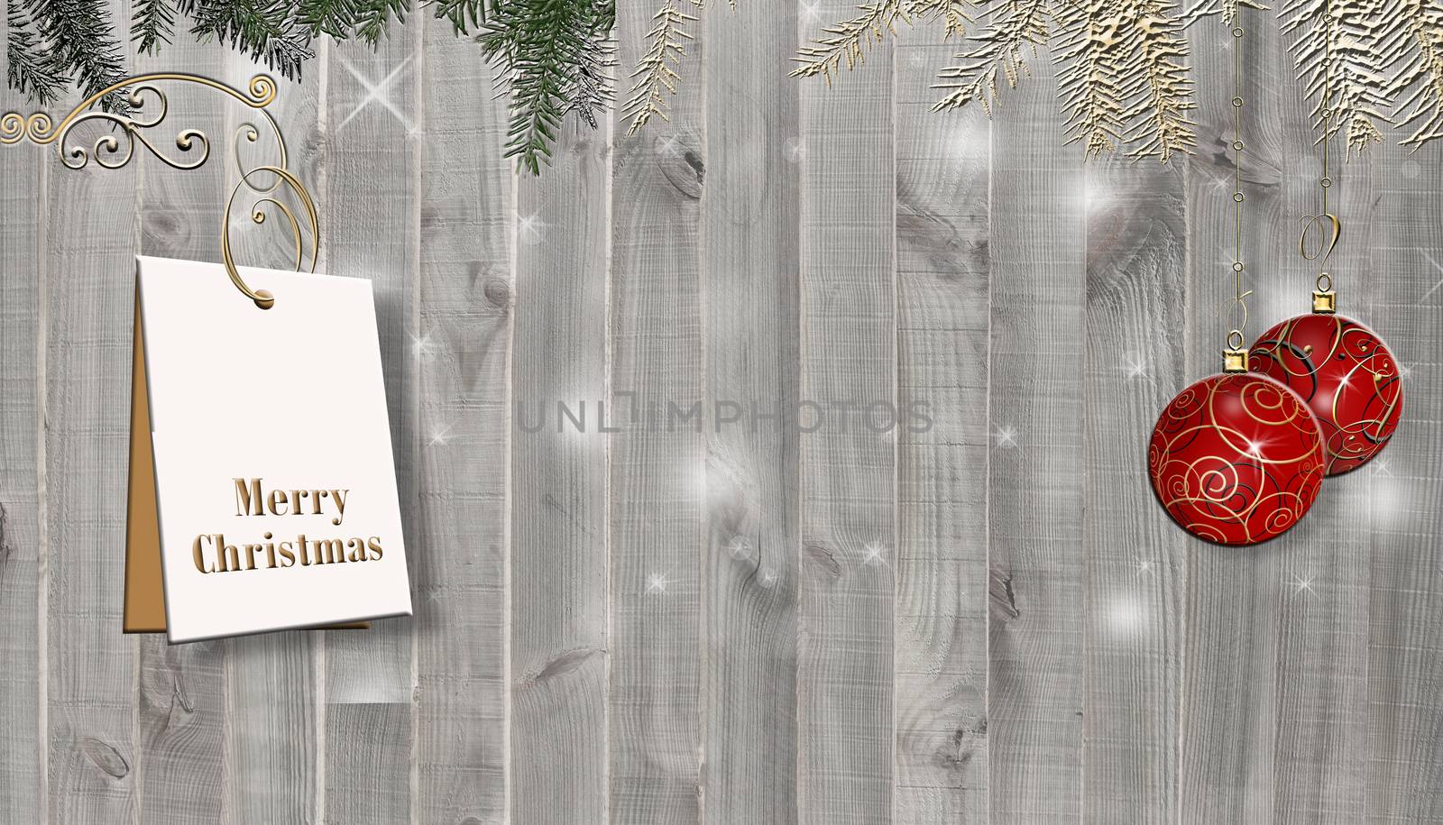 Christmas wooden board with red baubles, fir branches, gift tag on old grunge background. Text Merry Christmas. Copy space, place for text, mock up. 3D render.