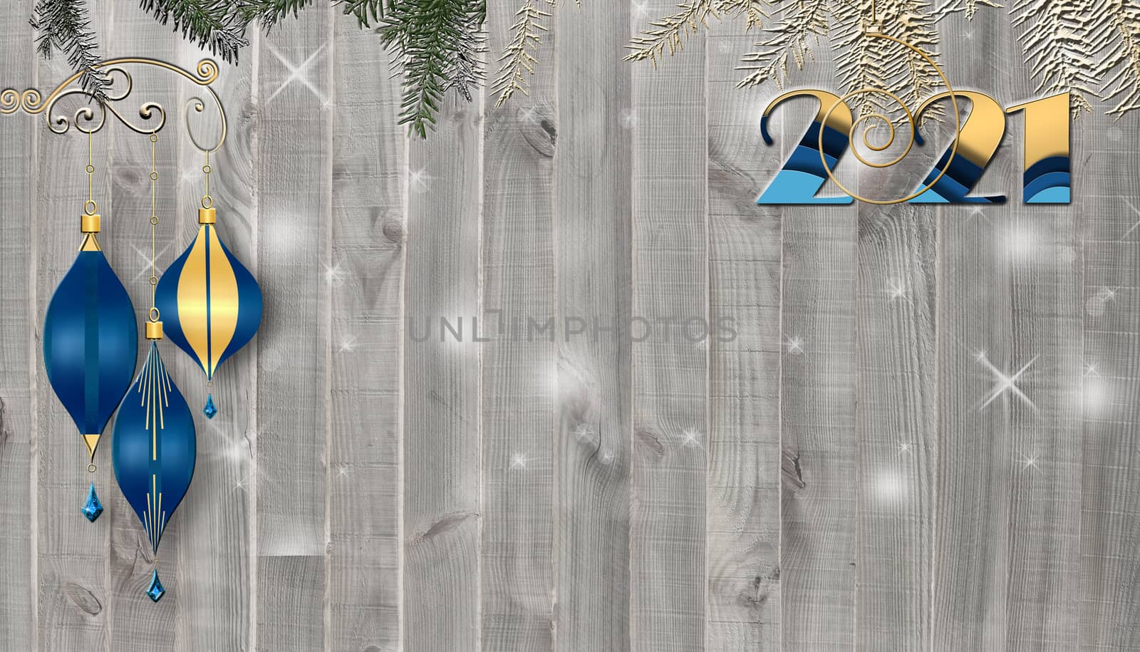 Christmas 2021 New Year background on wooden board. Hanging digit 2021, blue baubles , fir branches on grunge wooden background. Copy space, place for text, 3D render