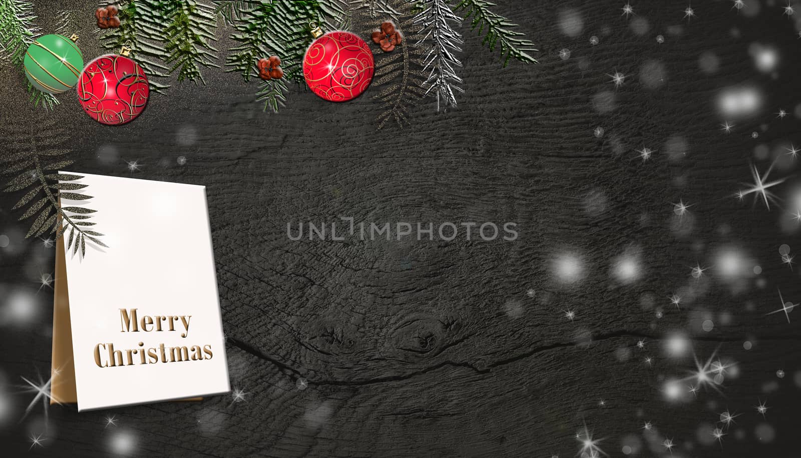 Border of christmas tree branches on old wooden background by NelliPolk