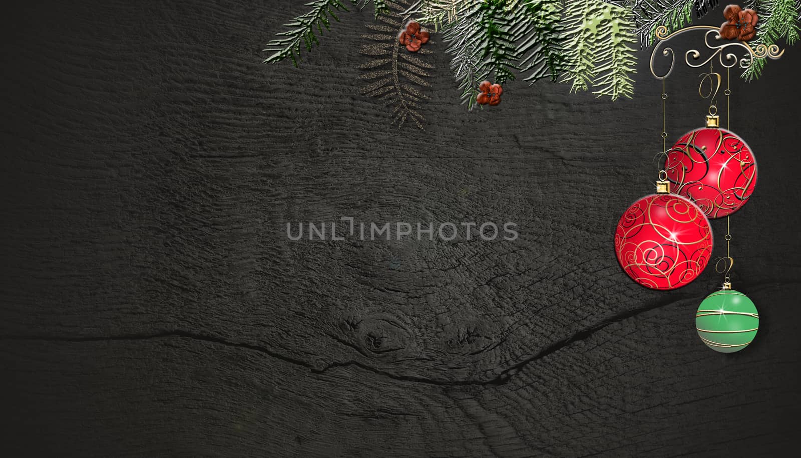 Christmas background with fir tree and red decorations balls on dark wooden board. Copy space, place for text, mock up. Horizontal. 3D illustration