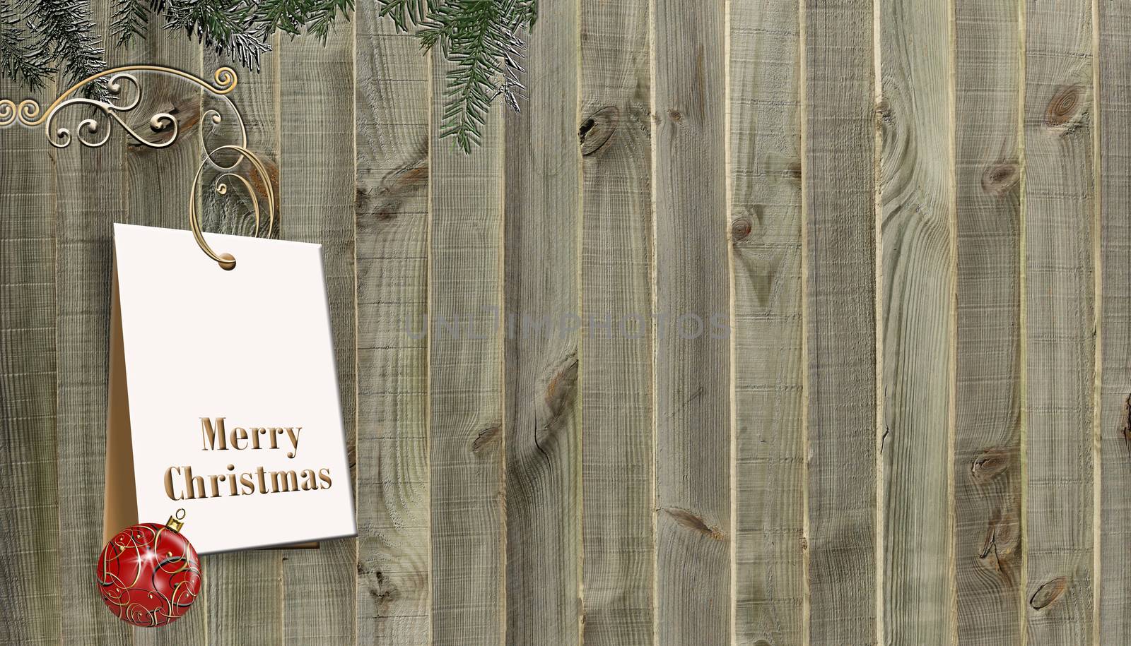 Christmas card with festive tag over wooden background by NelliPolk