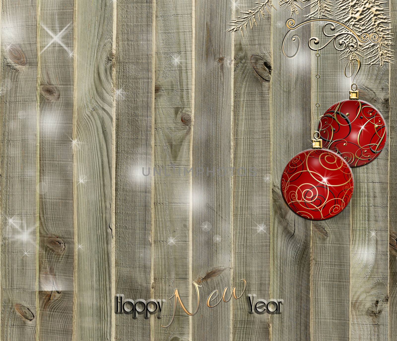 Christmas Decoration red baubles, gold fir branches Over Wooden Background. Text Happy New Year. For card, invitation, menu, mock up, design. Copy space. 3D illustration