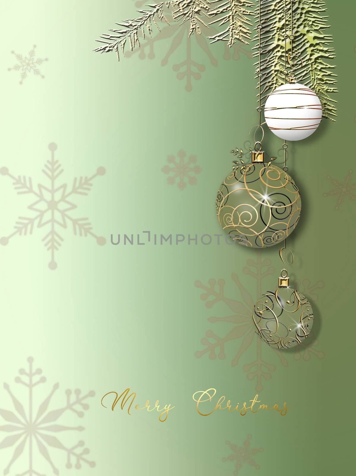 Christmas baubles balls on pastel green background with snowflakes. Text Merry Christmas. 3D render. Place for text, copy space