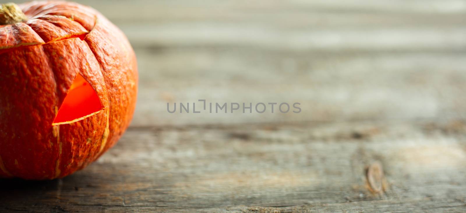 Halloween pumpkin on wood by destillat