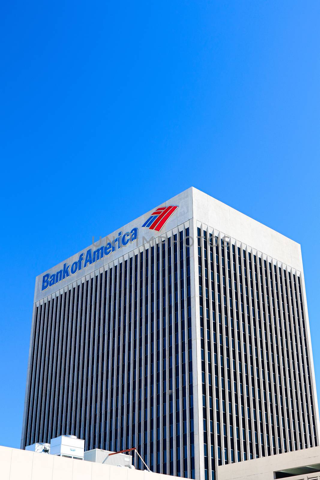 Sign of the Bank of America on the top of the company building in Las Vegas Downtown. by USA-TARO