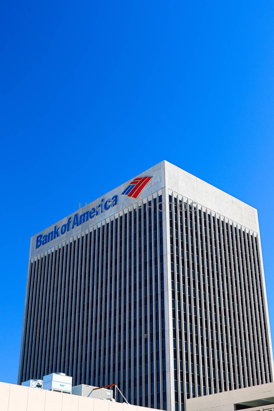 DOWNTOWN LAS VEGAS, NV, USA - Sep 16, 2018: Sign of the Bank of America on the top of the company building in Las Vegas Downtown. It is a Class A Office skyscraper and was completed in 1974.