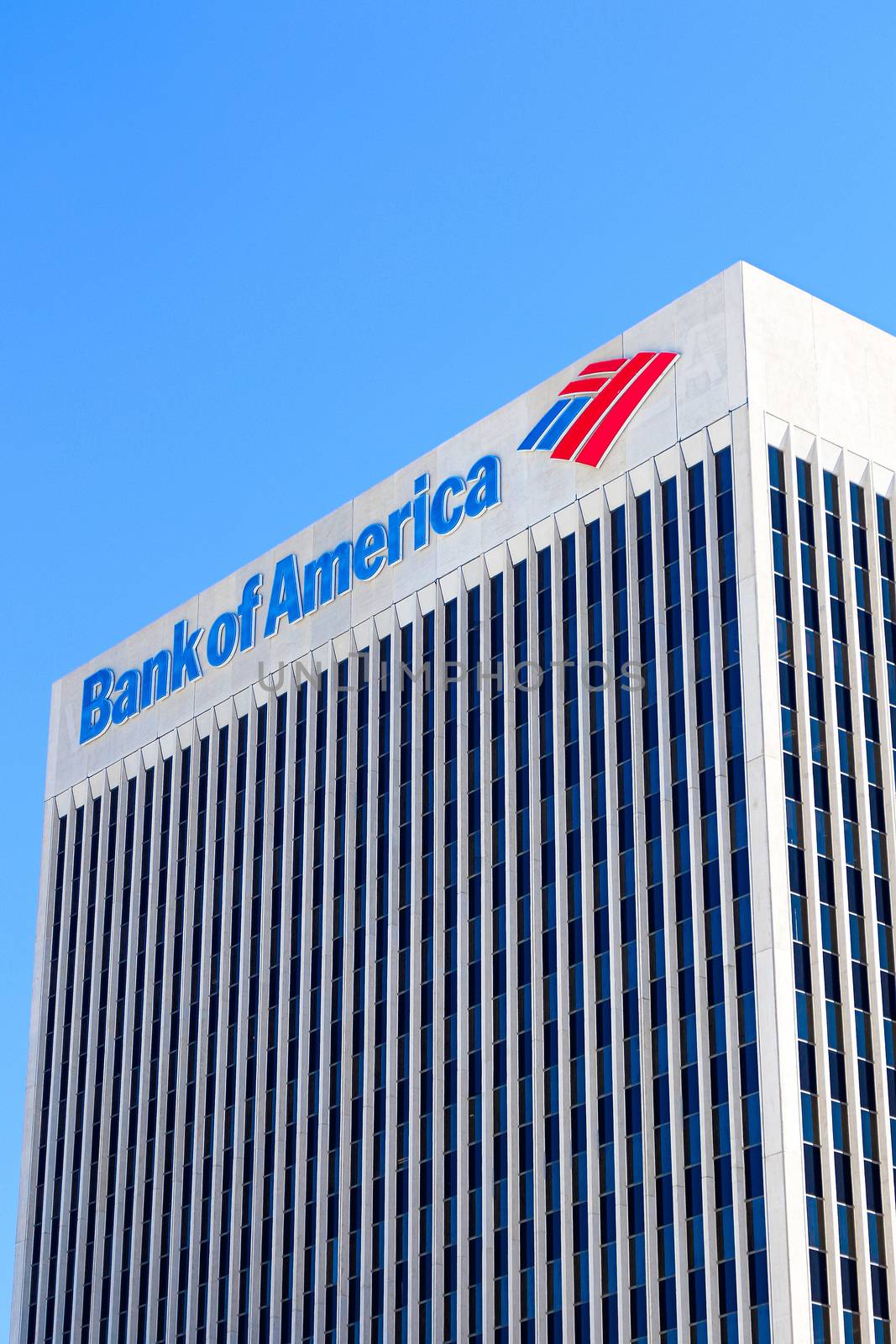 DOWNTOWN LAS VEGAS, NV, USA - Sep 16, 2018: Sign of the Bank of America on the top of the company building in Las Vegas Downtown. It is a Class A Office skyscraper and was completed in 1974.