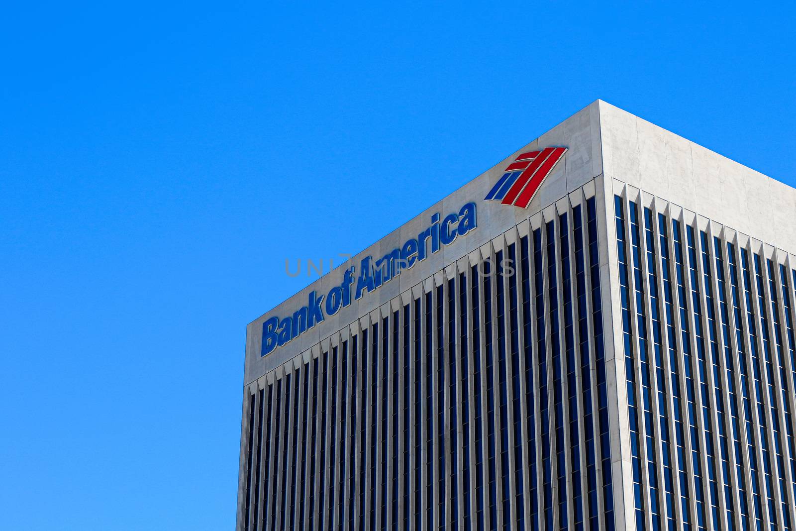 DOWNTOWN LAS VEGAS, NV, USA - Sep 16, 2018: Sign of the Bank of America on the top of the company building in Las Vegas Downtown. It is a Class A Office skyscraper and was completed in 1974.