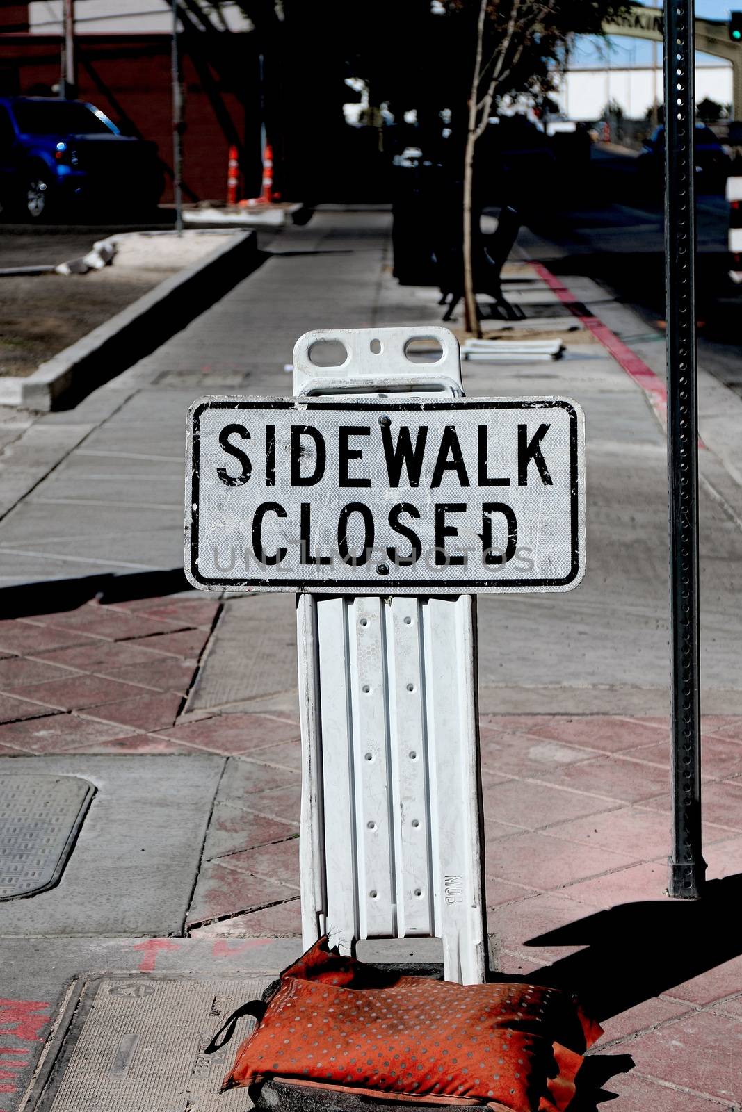 Sidewalk closed sign board.closing a sidewalk