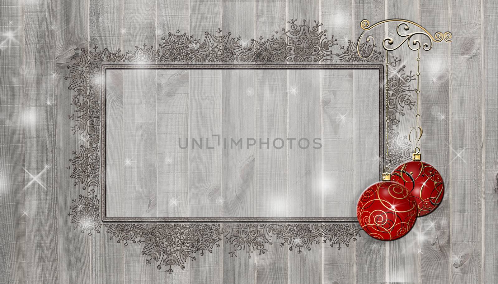 Christmas decoration, fir branches and snowflakes border over rustic wooden background. Christmas New Year mock up. Copy space, empty space, 3D render.