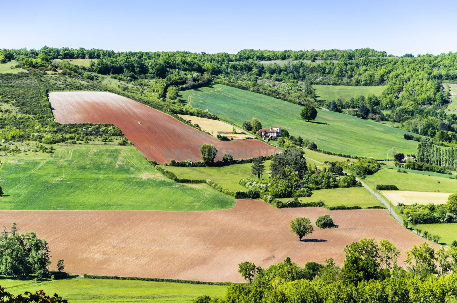 image of the French countryside with its different colors and shapes outlined by farmers, midi pyrenees region