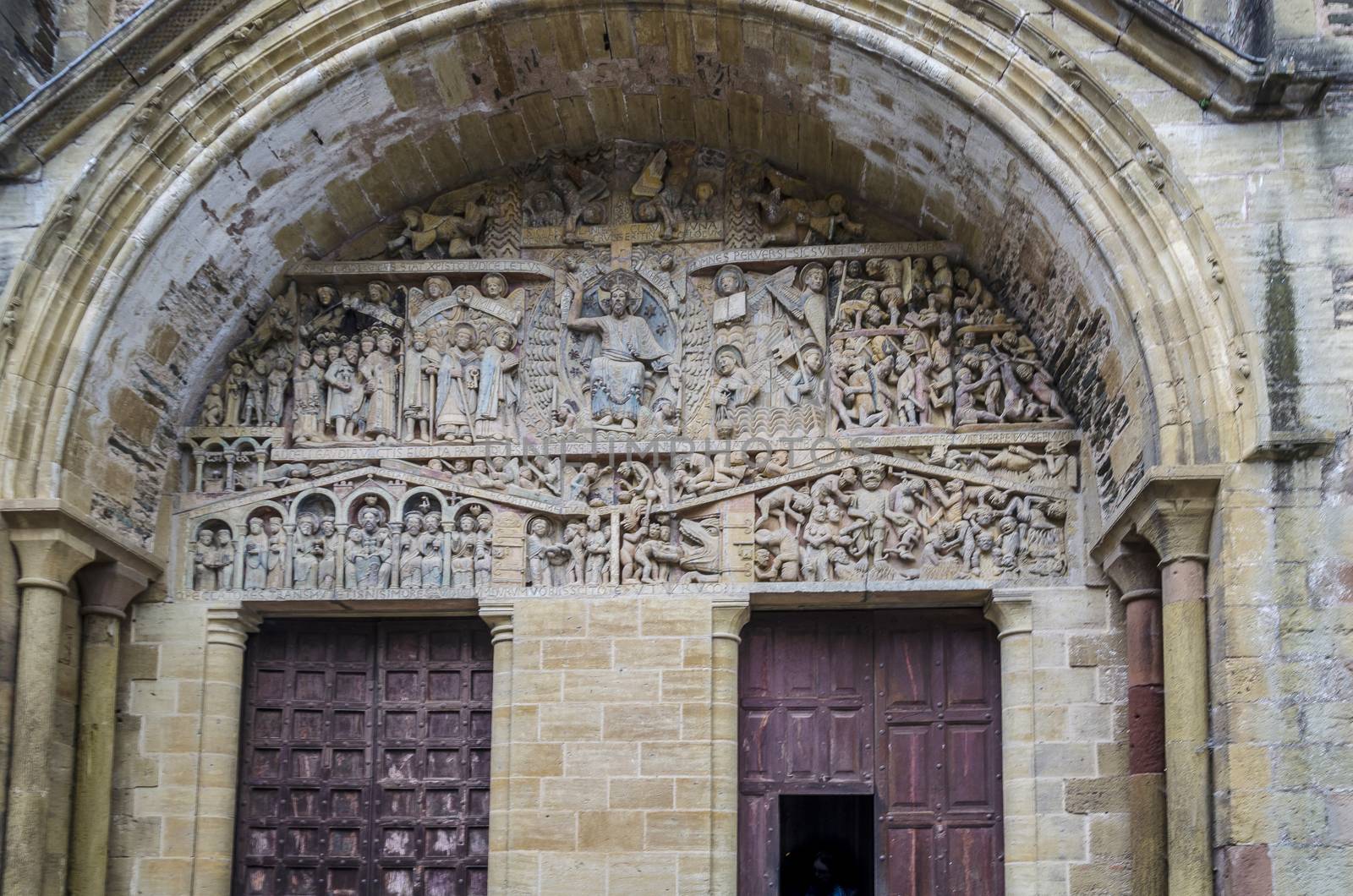 Detail of the facade of the Abbey of Saint Foy in the medieval village of Conques french region of midi pyrenees