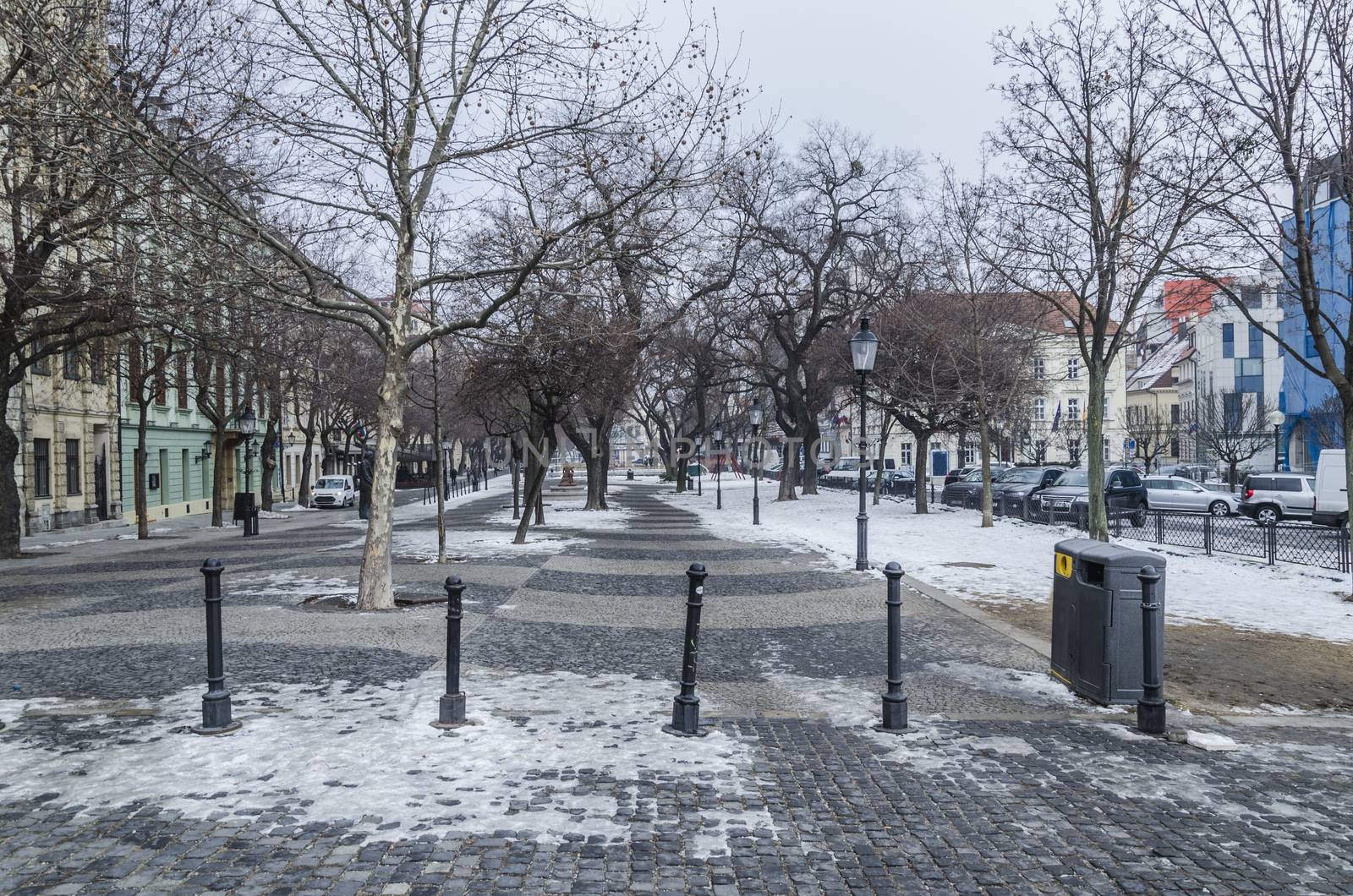 Winter day with low temperatures on the main boulevard of the Slovak city of Bratislava.