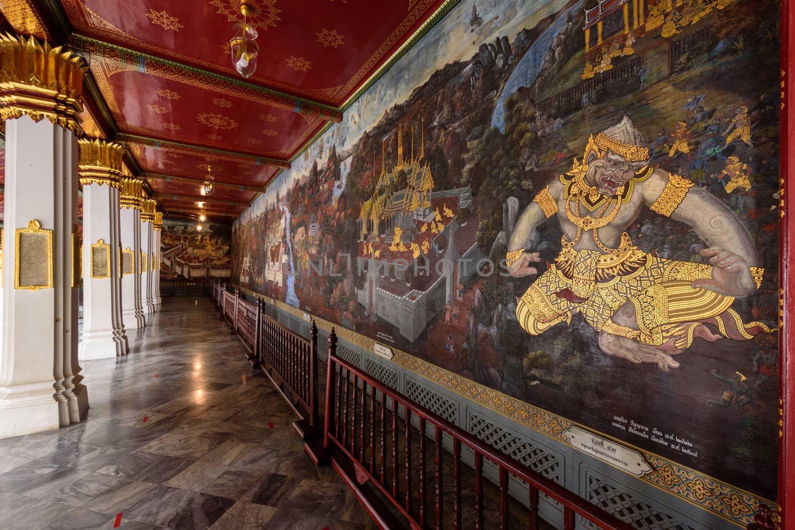 Bangkok, Thailand - 16 September, 2020: Beautiful drawing Thai style at the wall of Wat Phra Kaew or name The Temple of the Emerald Buddha