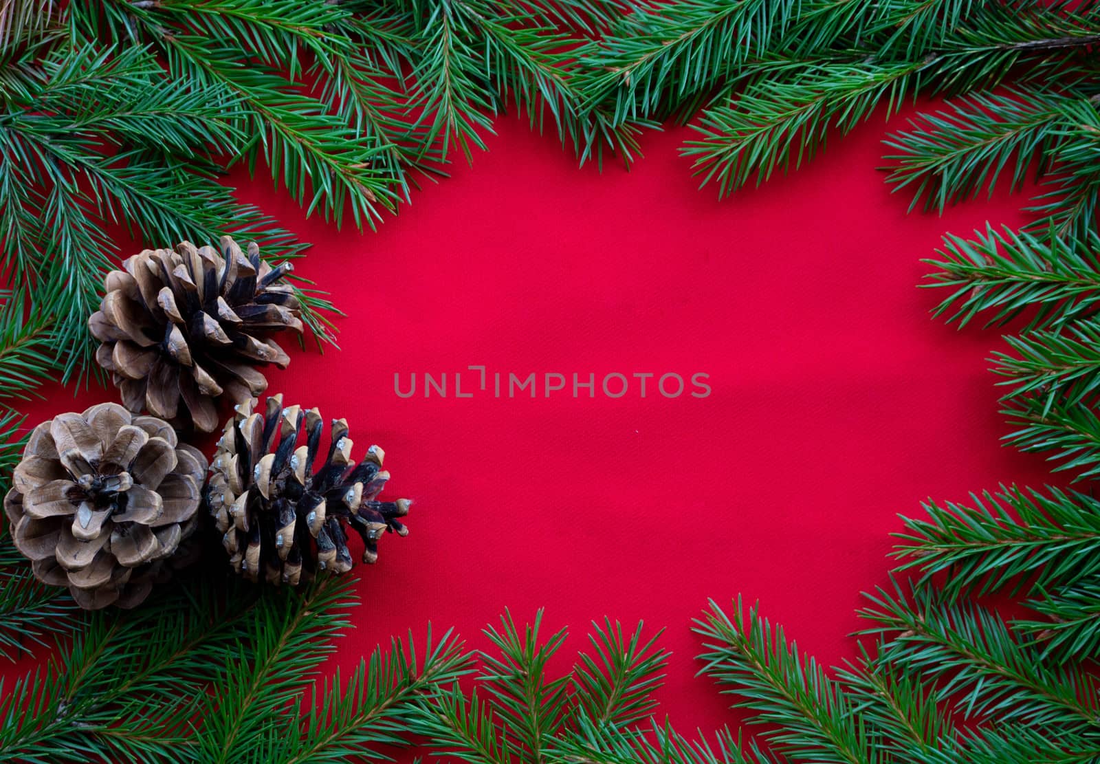 A frame of green fir branches and three cones on a red background. The concept of Christmas and New year. Space for your text.