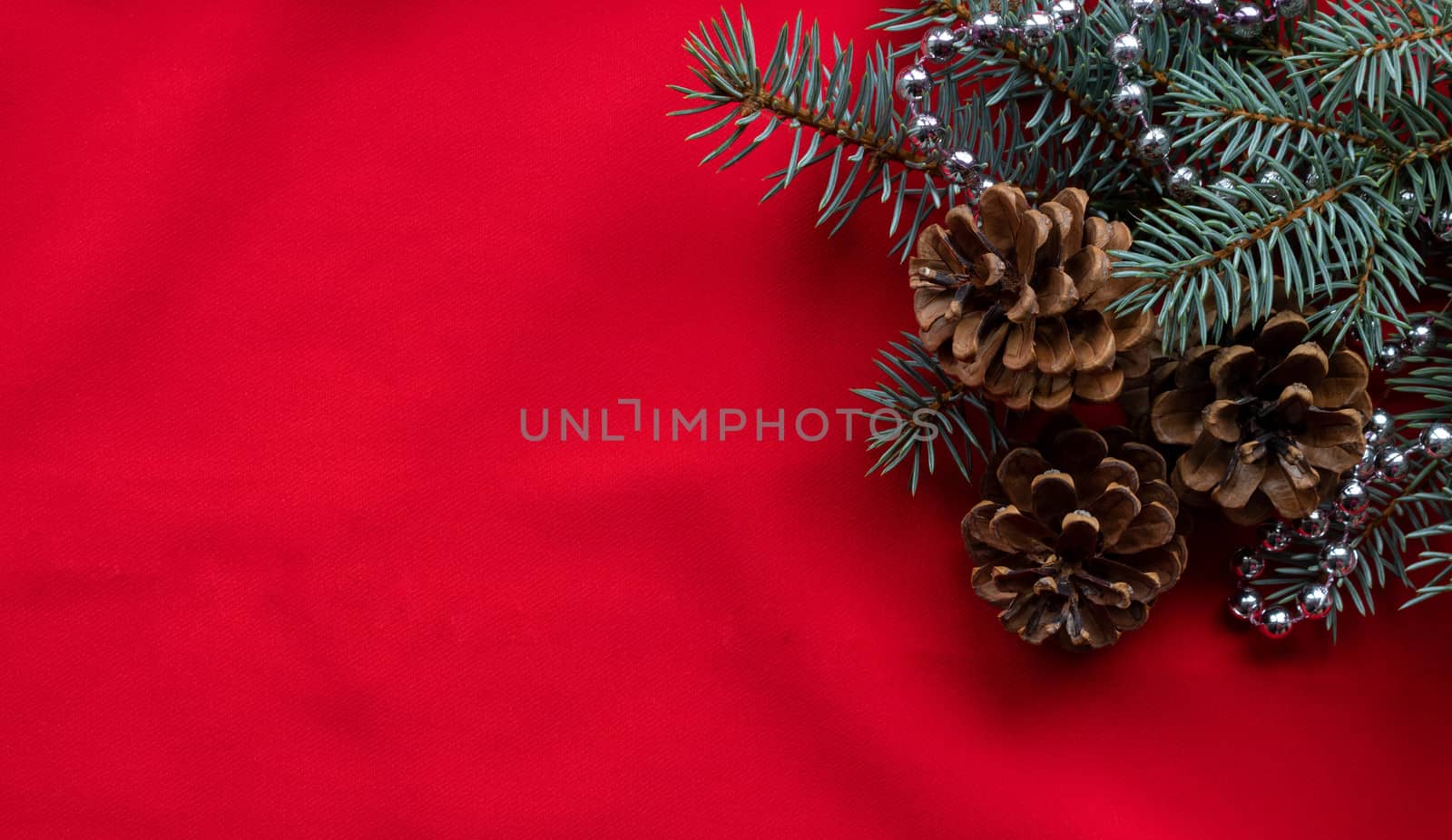 Three pine cones and blue spruce branches with silver beads lie on a red background. The concept of the New year and Christmas.