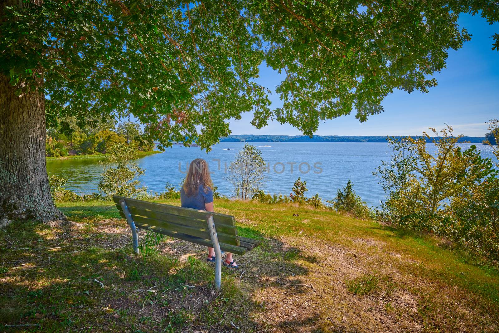 Women sitting on a bench enjoying the scenery of Kentucky Lake. by patrickstock