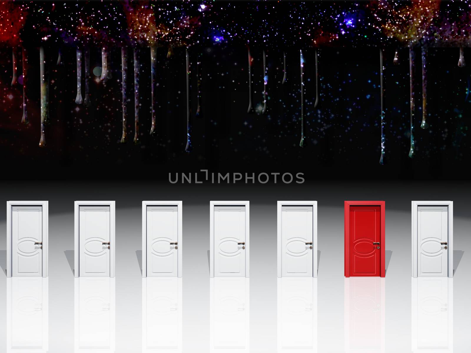 Surreal digital art. Seven white door with one red door. 3D rendering