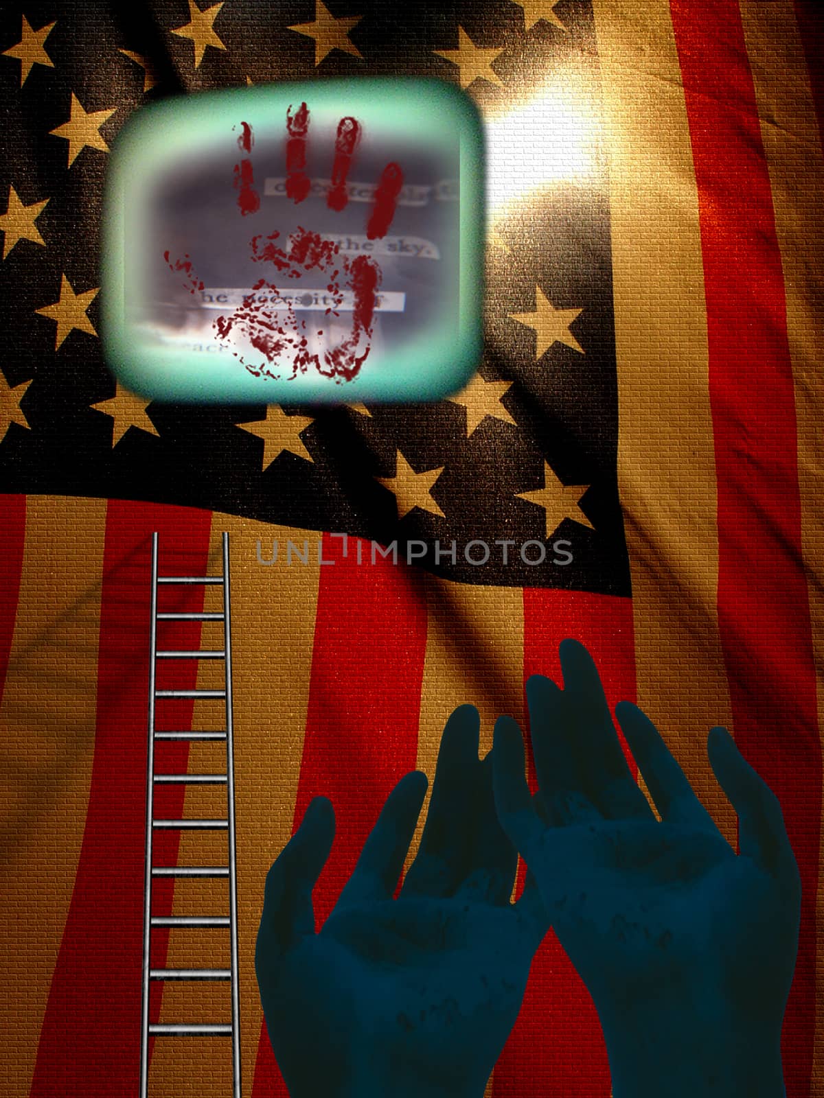 Blood on hands. USA flag. 3D rendering
