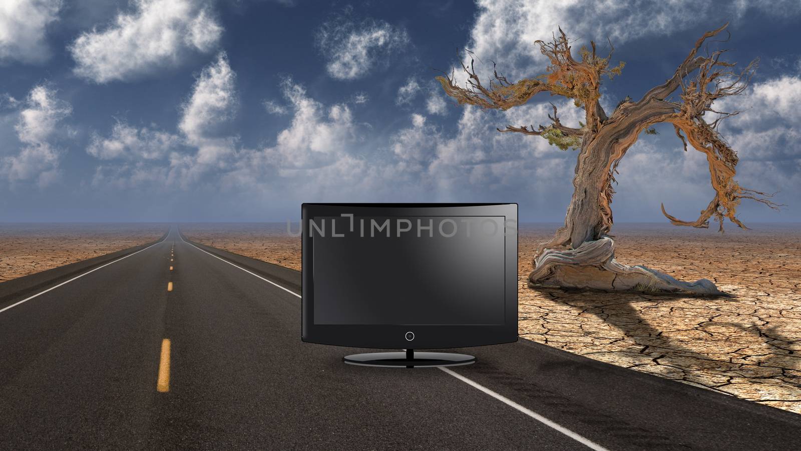 TV monitor on desert road. 3D rendering