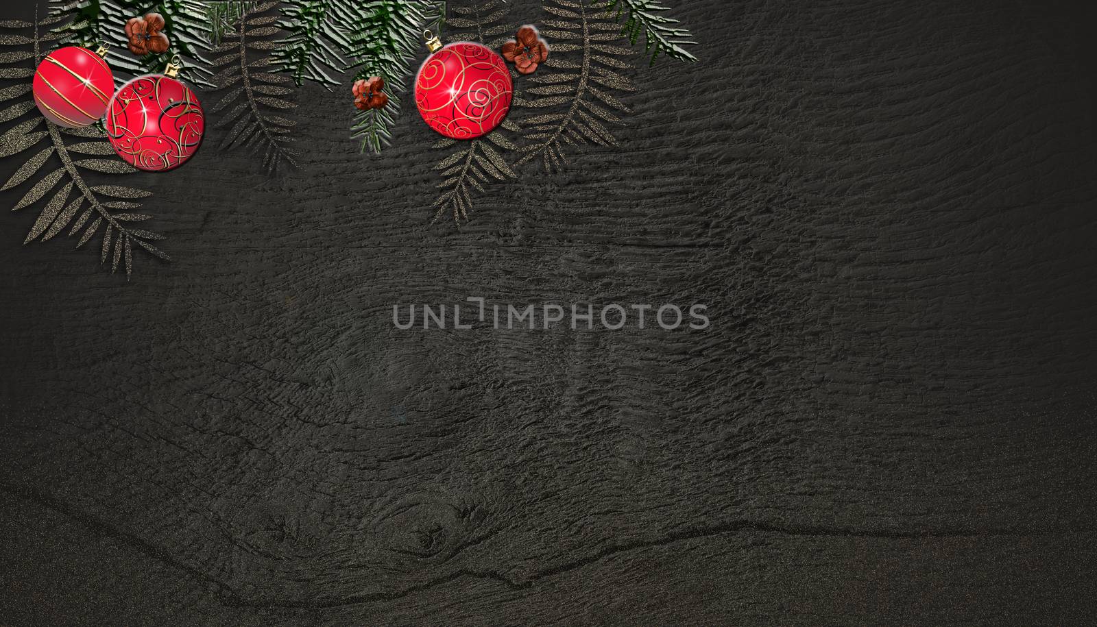 Christmas fir branches on wooden board background with red realistic baubles. Copy space, mock up. 3D illustration