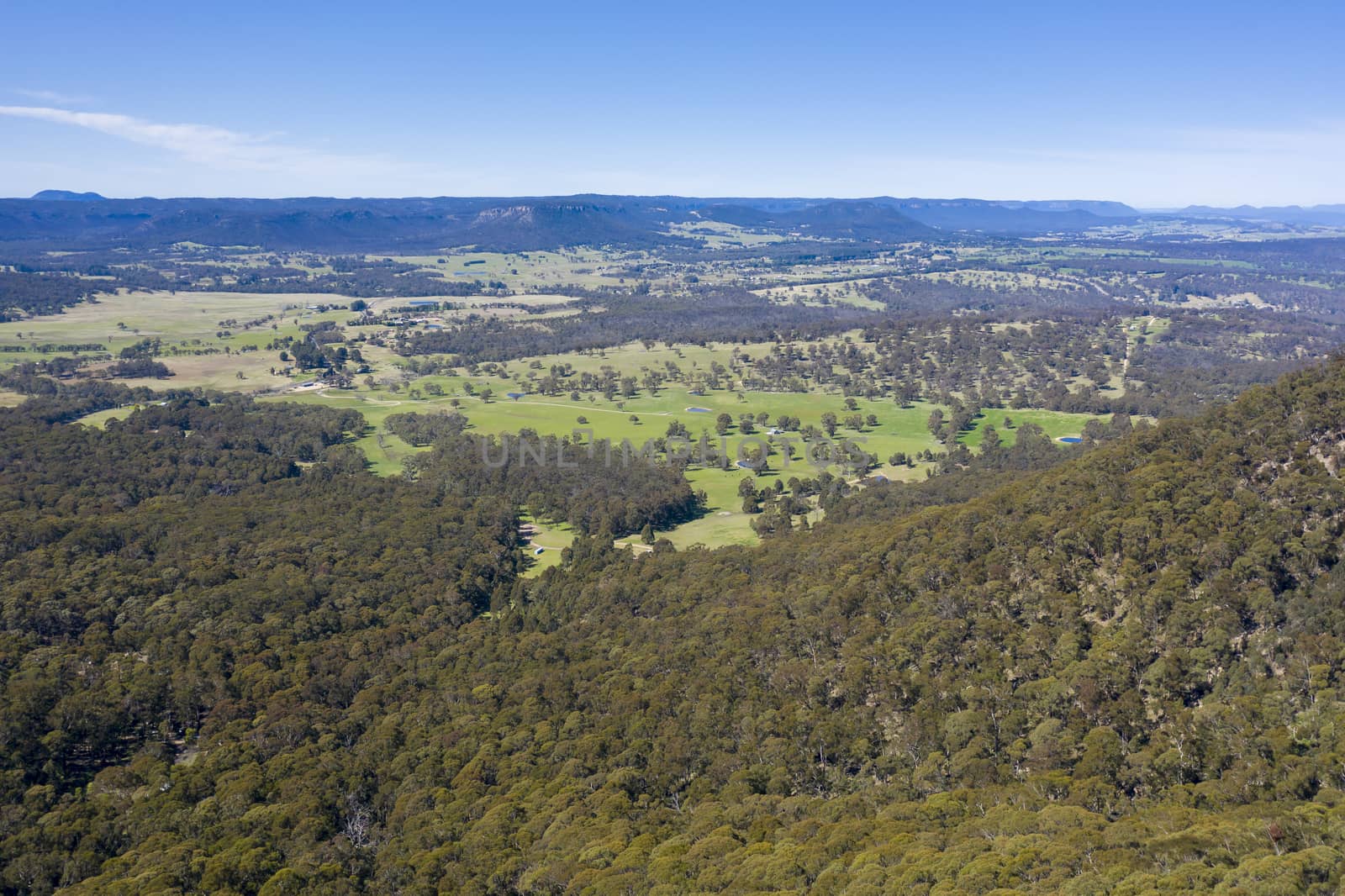 Aerial view of a large green agricultural valley in the Central Tablelands in regional New South Wales in Australia