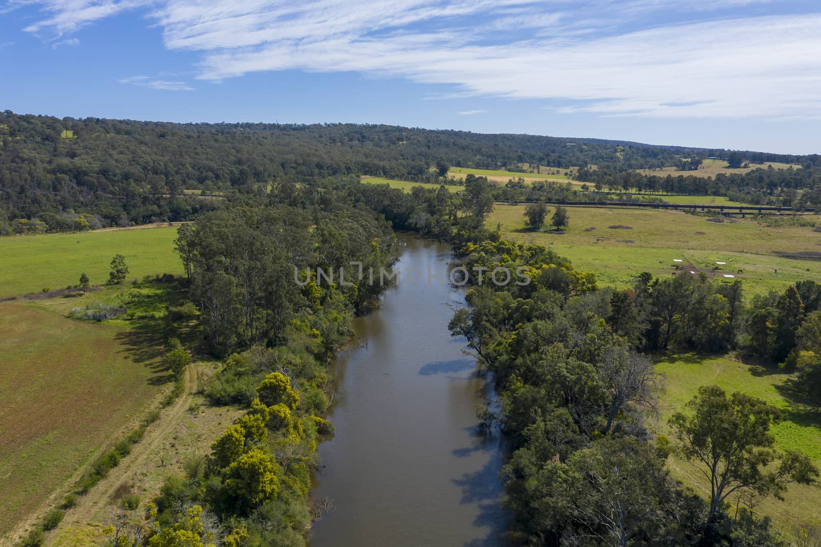The Nepean River running through farmland in Wallacia in Wollondilly Shire in regional New South Wales in Australia