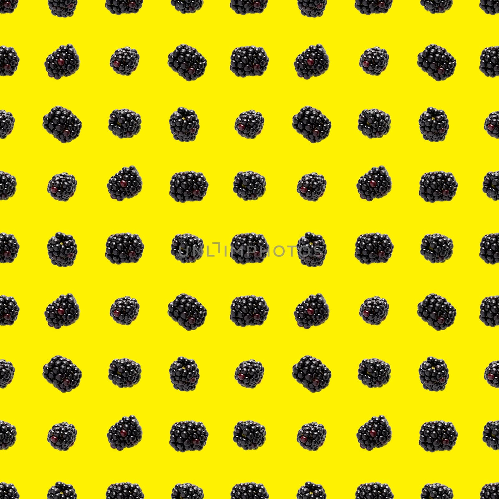 Bramble Seamless pattern. Fresh blackberry seamless pattern. Square pattern with fresh wild berries isolated on yellow background. flat lay.