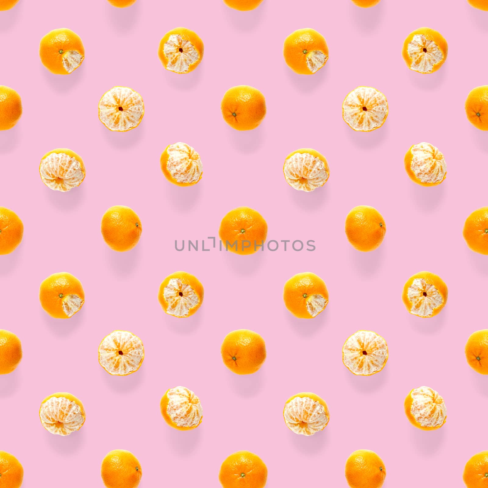 Fresh mandarin Seamles pattern. Ripe fruit tangerines seamless pattern. Fresh citrus isolated on pink background pattern. Flat lay of Clementine. Mandarine modern tropical seamless background.