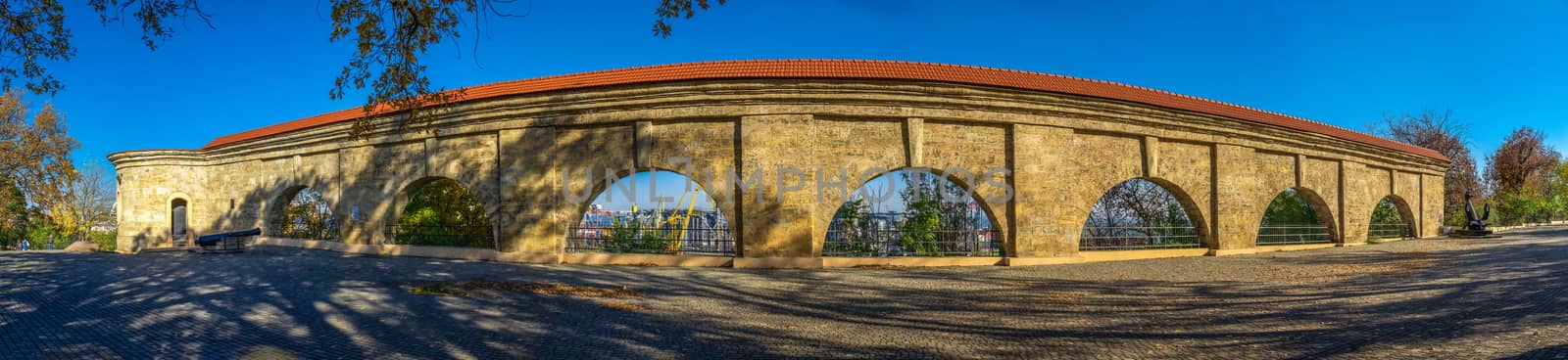 Odessa, Ukraine 11.05.2019.  Khadzhibey fortress quarantine arcade in Shevchenko Park in Odessa, Ukraine, on a sunny autumn day