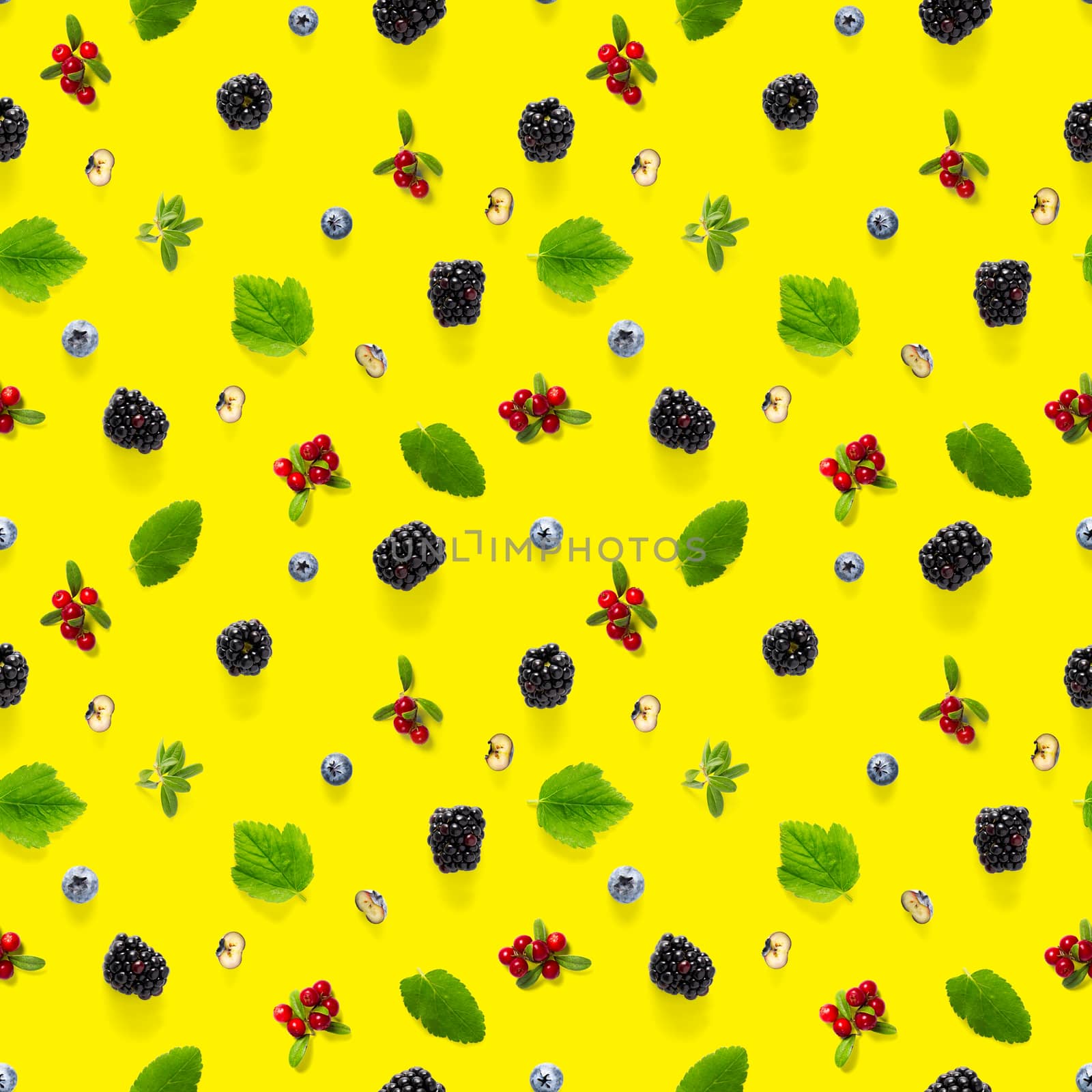 Creative seamless pattern of wild berries, blackberry, blueberry, lingonberry and bramble. modern seamless pattern on yellow backgriund made from autumn forest wild berries. Forest berries mix