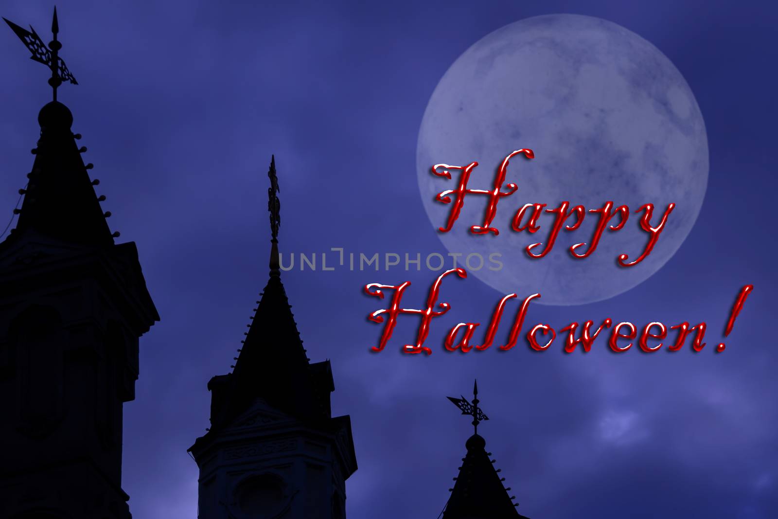 Halloween greeting, text on the background of the silhouette of a Gothic castle tower, cloudy night sky and full moon. Greeting card, poster or banner.