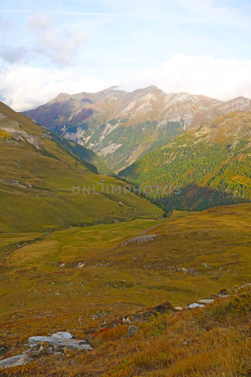 View of the alpine mountains in autumn