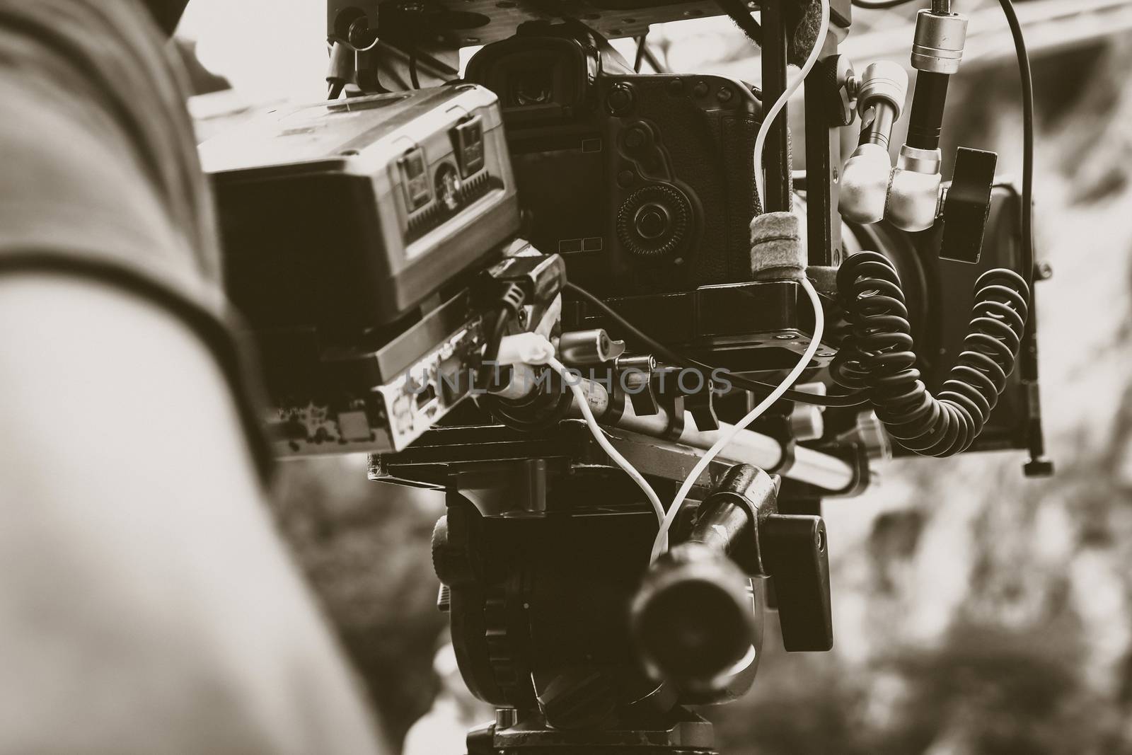 Film industry. Filming with professional camera background