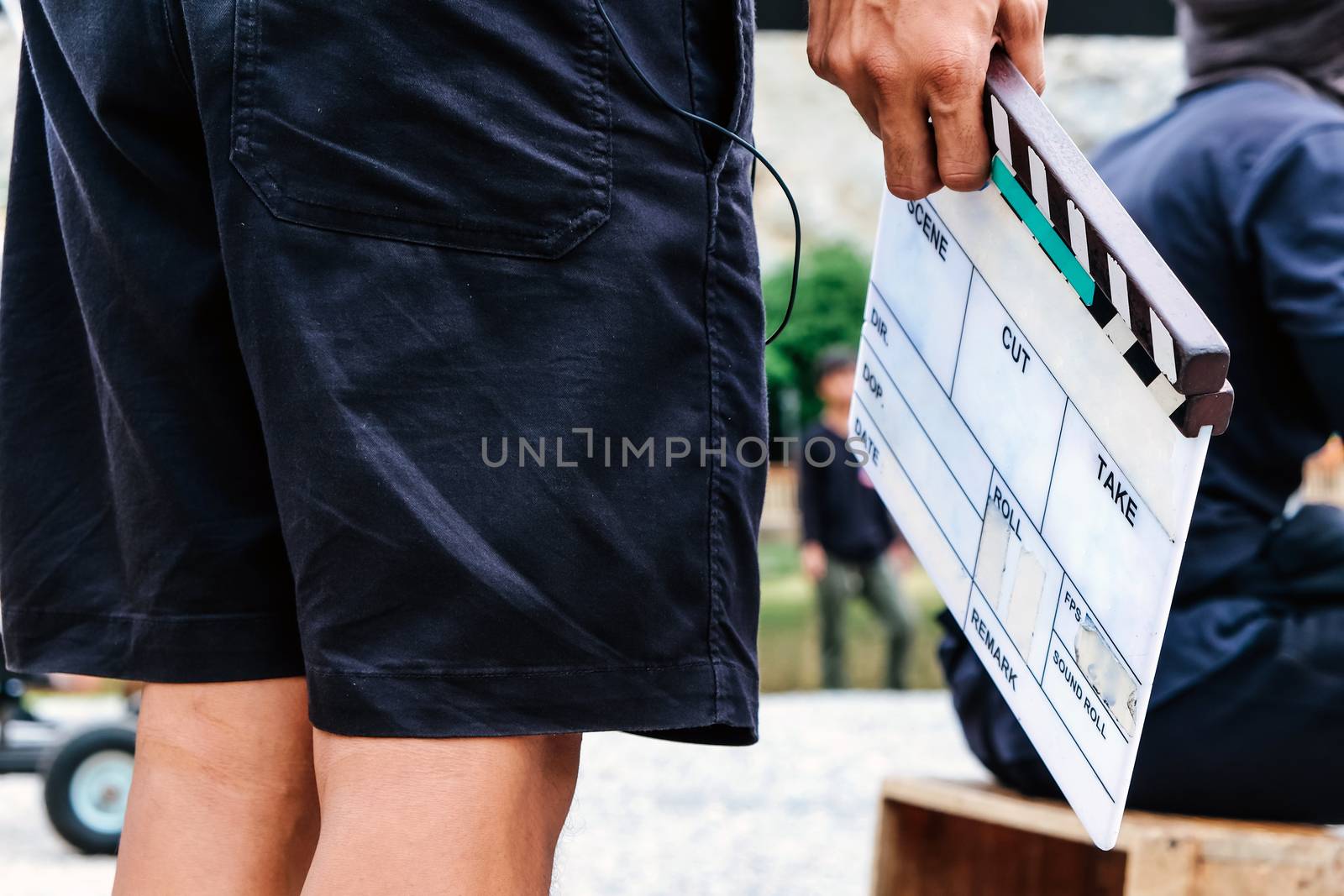Film Slate, close up image of film production crew holding Film Slate on set