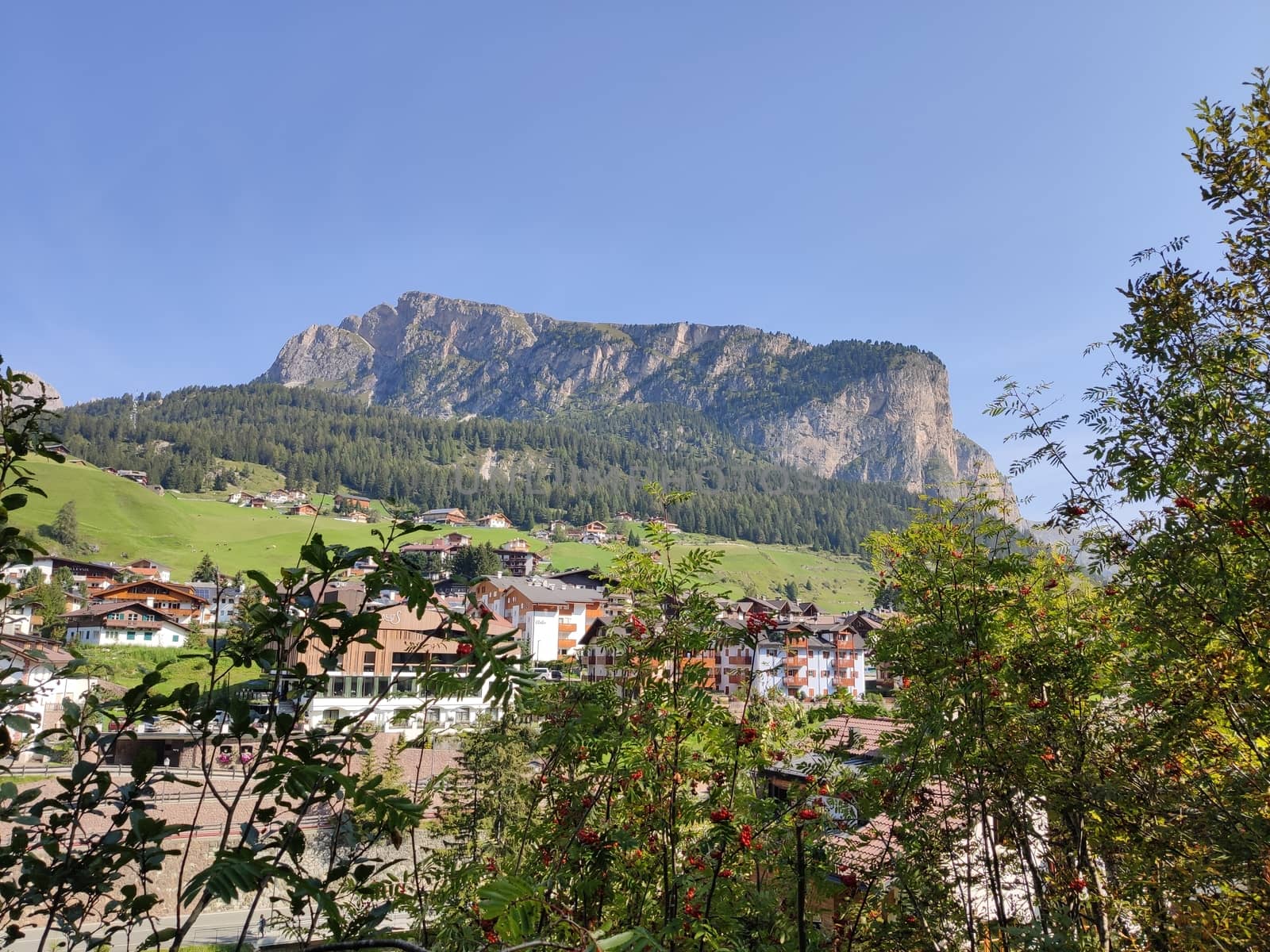 Val Gardena, Italy - 09/15/2020: Scenic alpine place with magical Dolomites mountains in background, amazing clouds and blue sky  in Trentino Alto Adige region, Italy, Europe