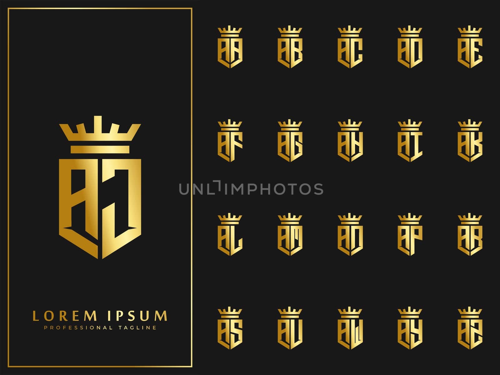 set of initial A letter with crown elements logo template. luxury gold initial shield shape alphabet vector design stock illustration.